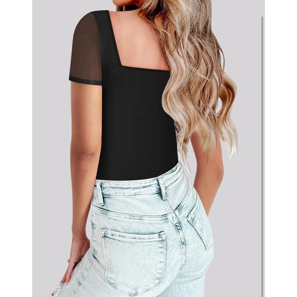 Chunpin Women's Square Neck Mesh Short Sleeve Thong Slimming Bodysuit Sz L Black - Picture 3 of 7